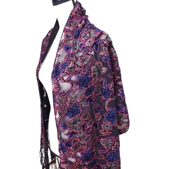 Weixinfushi Black Silk Embroidered Velvet Sequined Floral Fringe Shawl Scarf NWT - Picture 3 of 7